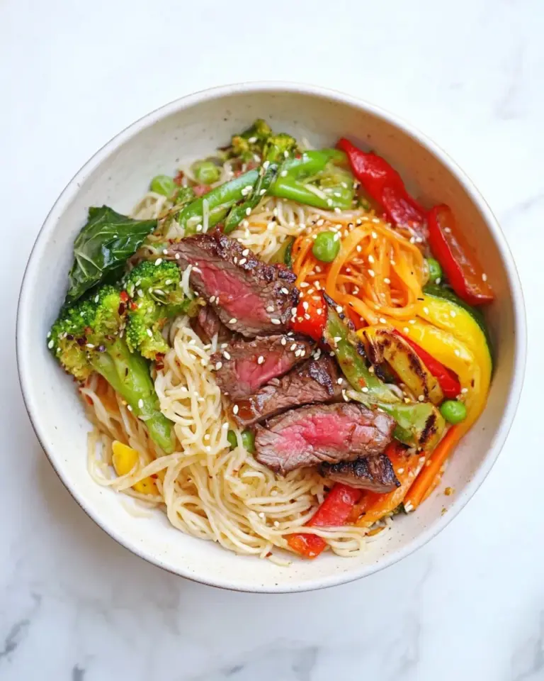 Homemade Asian Veggie Noodle Bowl with Grilled Steak recipe photo