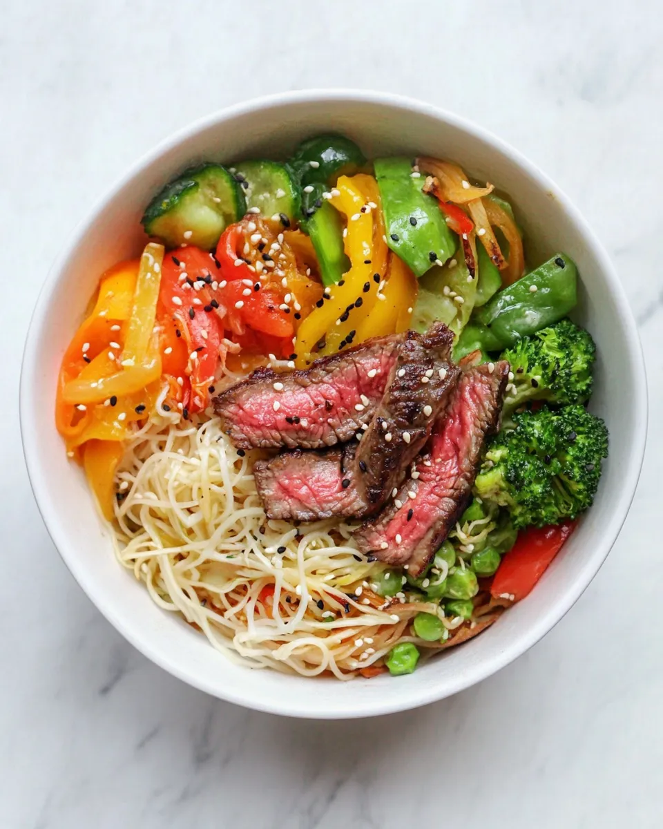Classic Asian Veggie Noodle Bowl with Grilled Steak dish photo