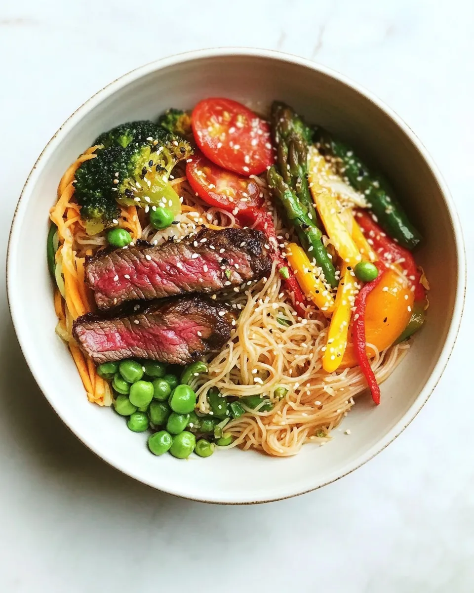 Easy Asian Veggie Noodle Bowl with Grilled Steak food shot