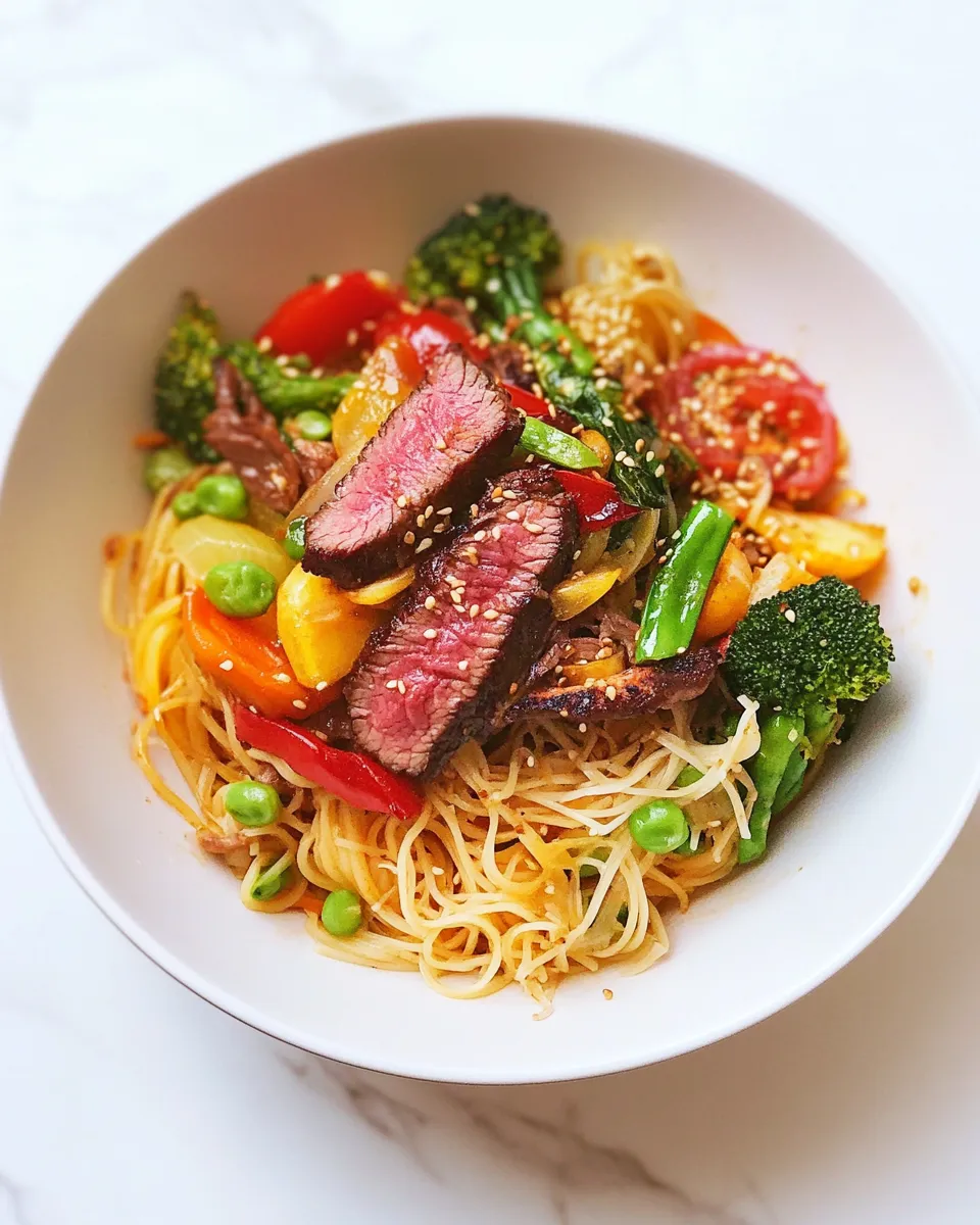 Delicious Asian Veggie Noodle Bowl with Grilled Steak picture