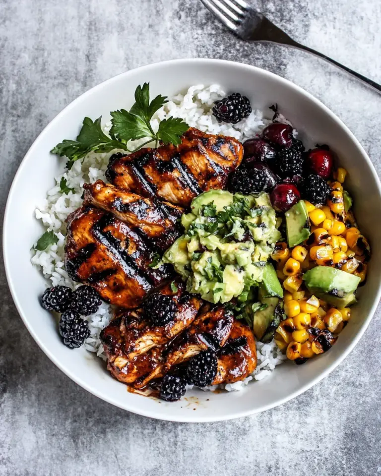Homemade BBQ Chicken and Grilled Corn Rice Bowls with Berry Smashed Avocado. food shot