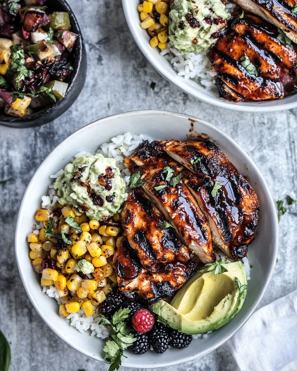 Classic BBQ Chicken and Grilled Corn Rice Bowls with Berry Smashed Avocado. recipe photo