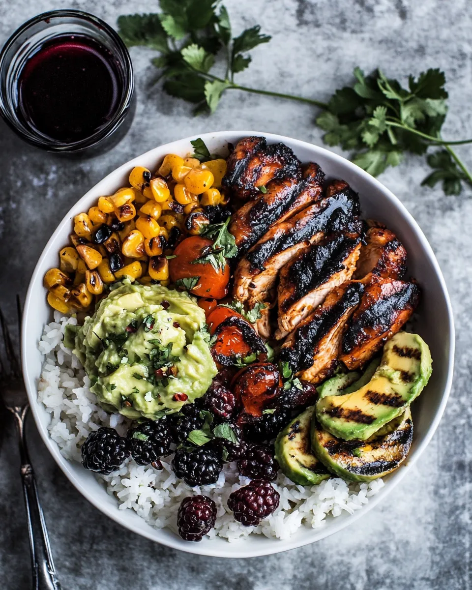 Easy BBQ Chicken and Grilled Corn Rice Bowls with Berry Smashed Avocado. dish photo