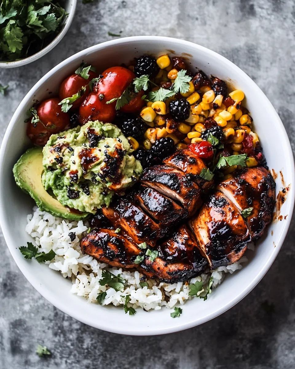Delicious BBQ Chicken and Grilled Corn Rice Bowls with Berry Smashed Avocado. picture