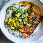 Homemade BBQ Salmon Curry with Mango Avocado Salsa. recipe photo