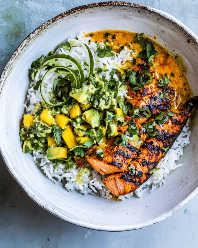 Homemade BBQ Salmon Curry with Mango Avocado Salsa. recipe photo