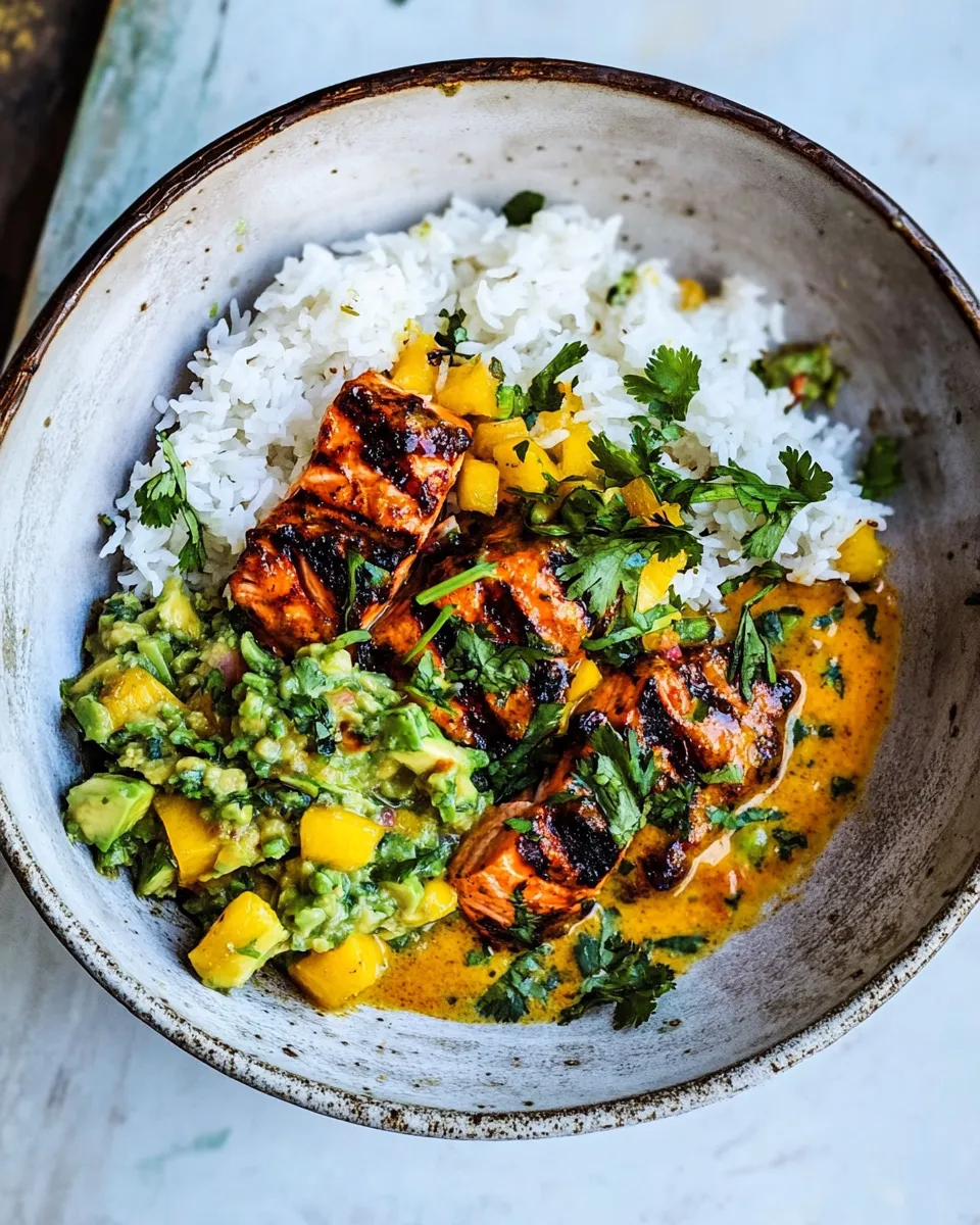 Classic BBQ Salmon Curry with Mango Avocado Salsa. dish photo