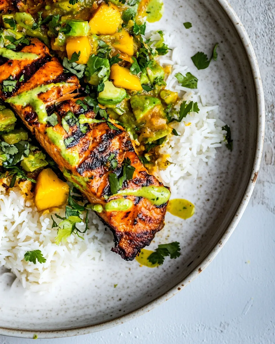 Easy BBQ Salmon Curry with Mango Avocado Salsa. food shot