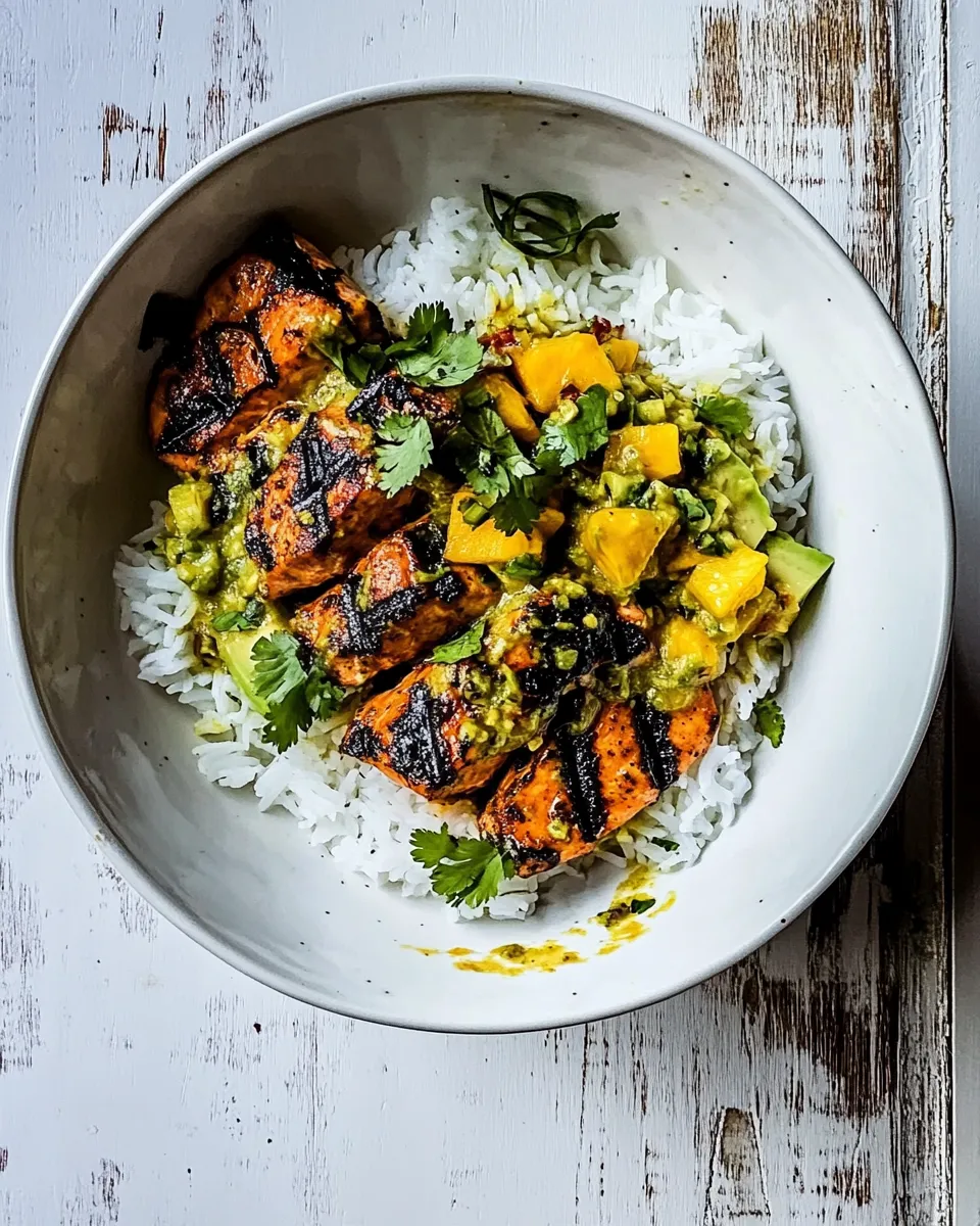 Delicious BBQ Salmon Curry with Mango Avocado Salsa. image