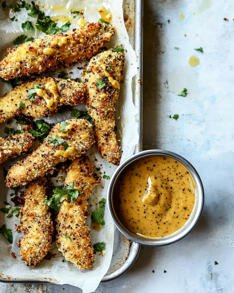 classic Baked Black Pepper Ranch Chicken Fingers with Honey Mustard. image