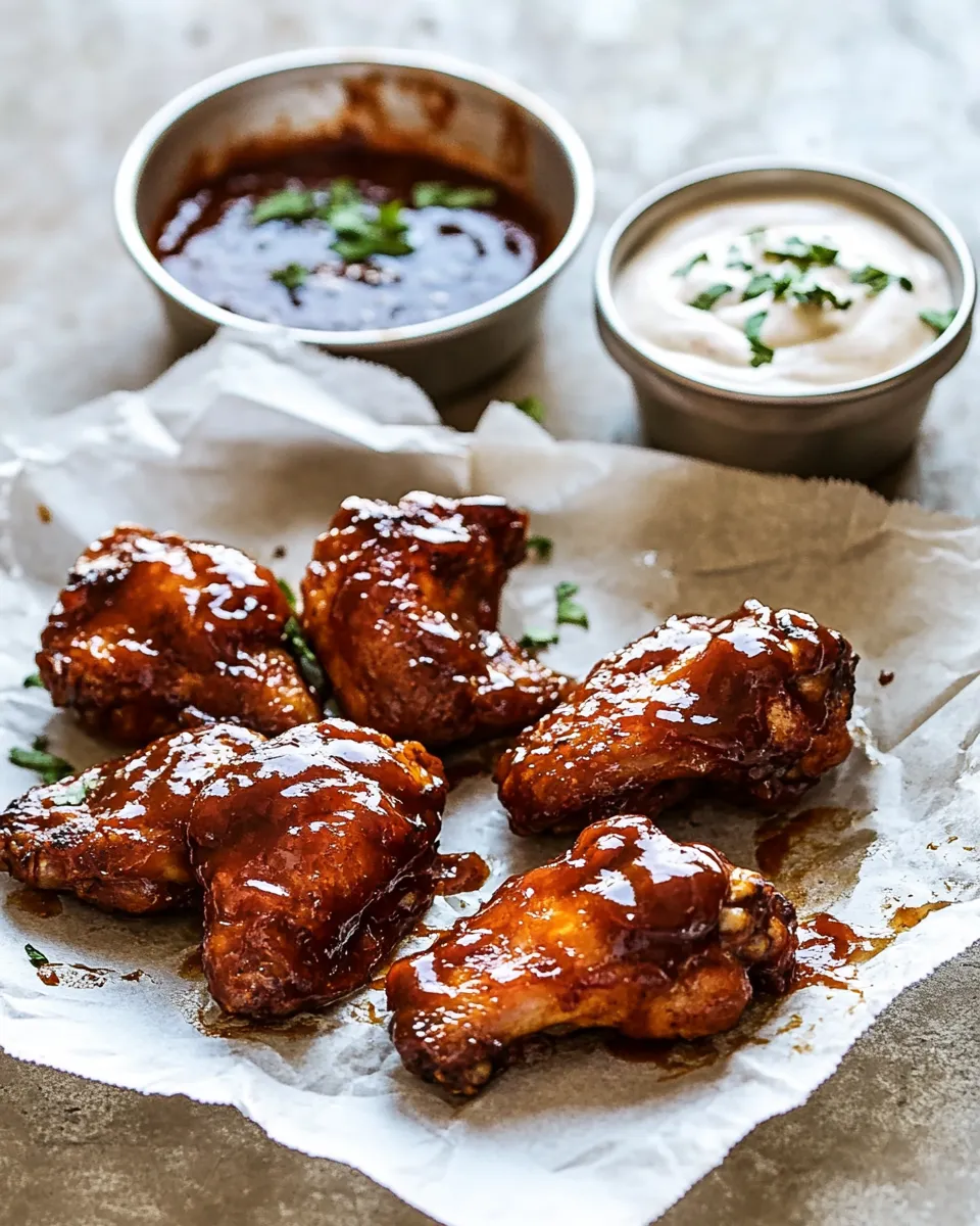 classic Baked Boneless Honey BBQ Chicken Wings with Spicy Ranch. plate image