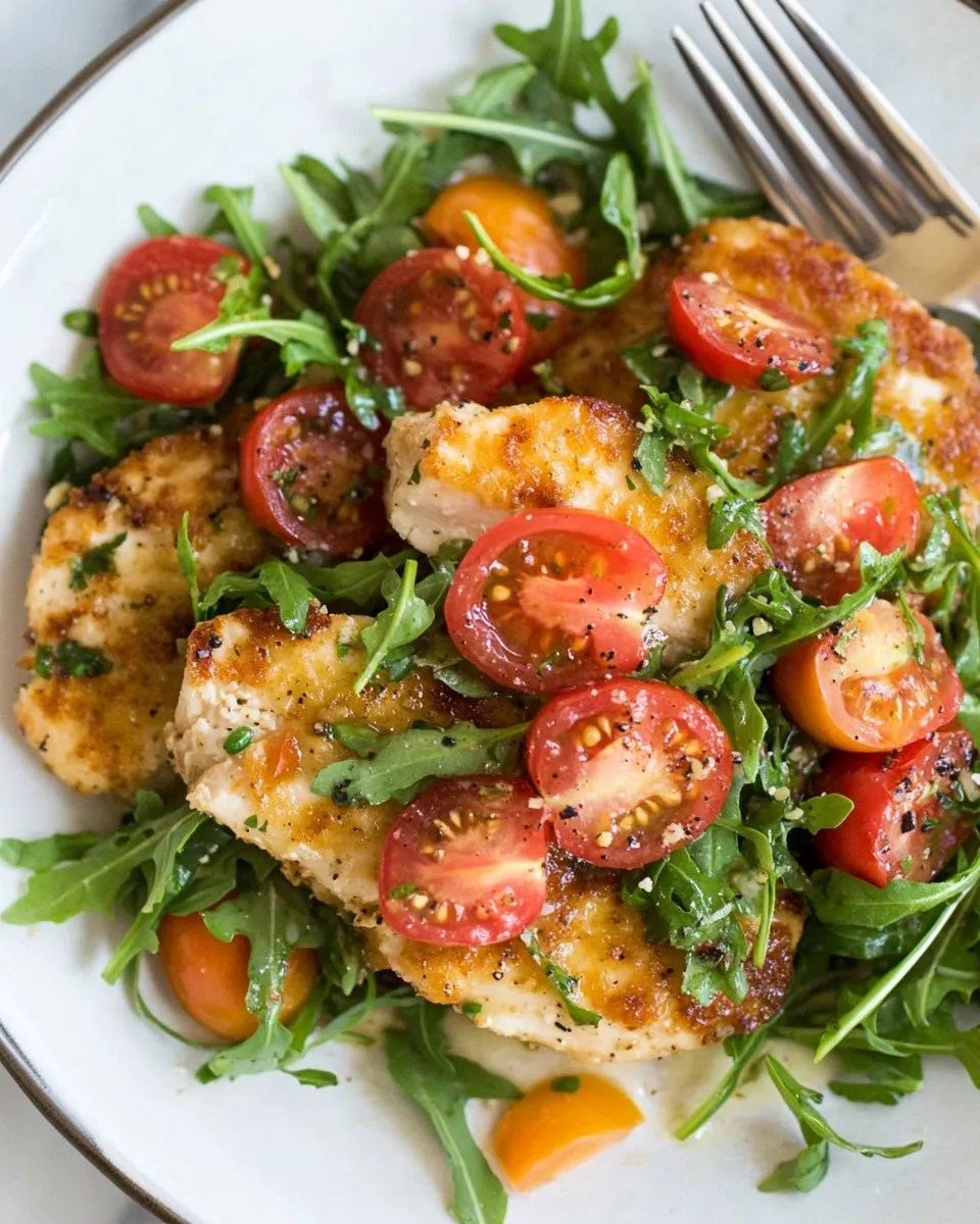 Classic Baked Chicken Milanese with Arugula and Tomatoes dish photo
