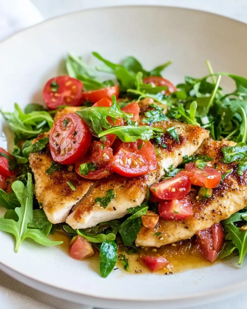Easy Baked Chicken Milanese with Arugula and Tomatoes food shot
