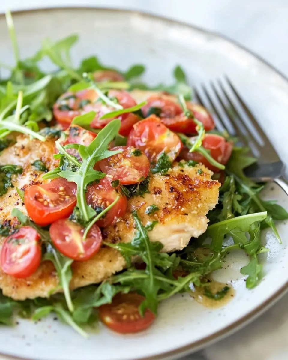 Delicious Baked Chicken Milanese with Arugula and Tomatoes image