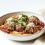 Homemade Baked Chicken Parmesan Meatballs with Roasted Garlic Spaghetti. photo