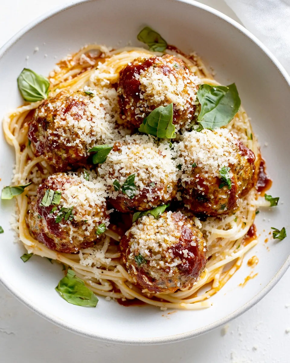 Delicious Baked Chicken Parmesan Meatballs with Roasted Garlic Spaghetti. shot