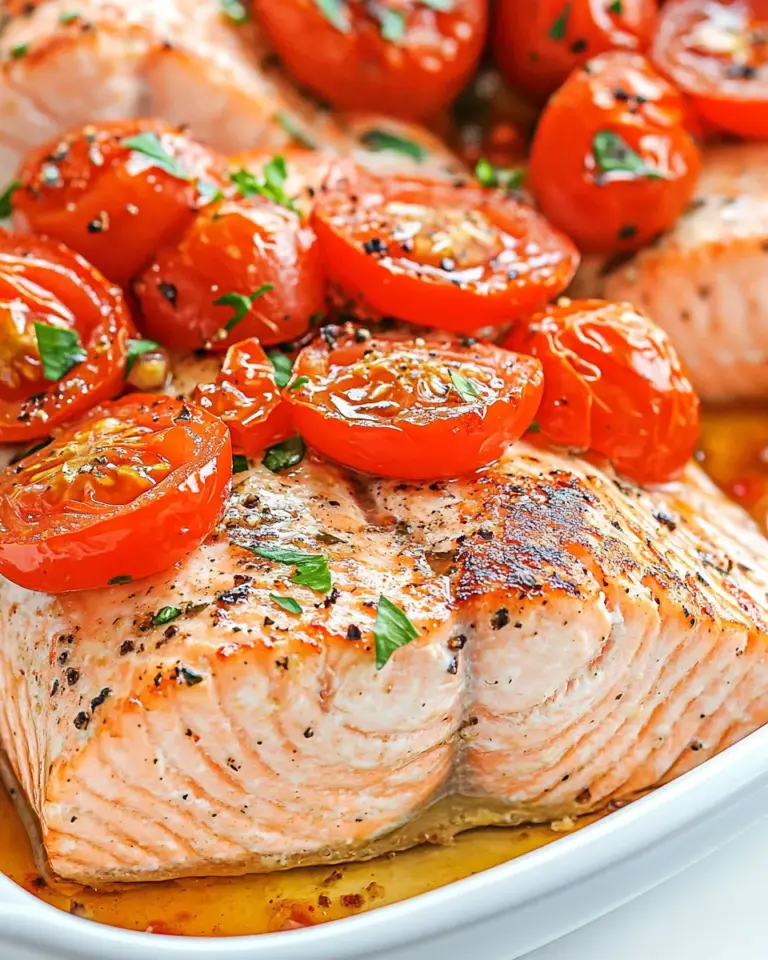 Delicious Baked Salmon with Roasted Tomatoes food shot