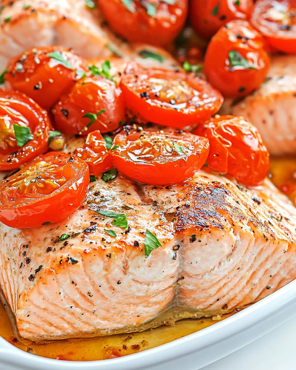 Delicious Baked Salmon with Roasted Tomatoes food shot