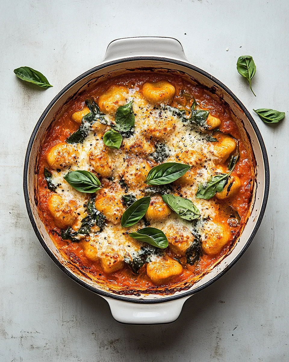 Homemade Baked gnocchi with creamy tomato & spinach photo