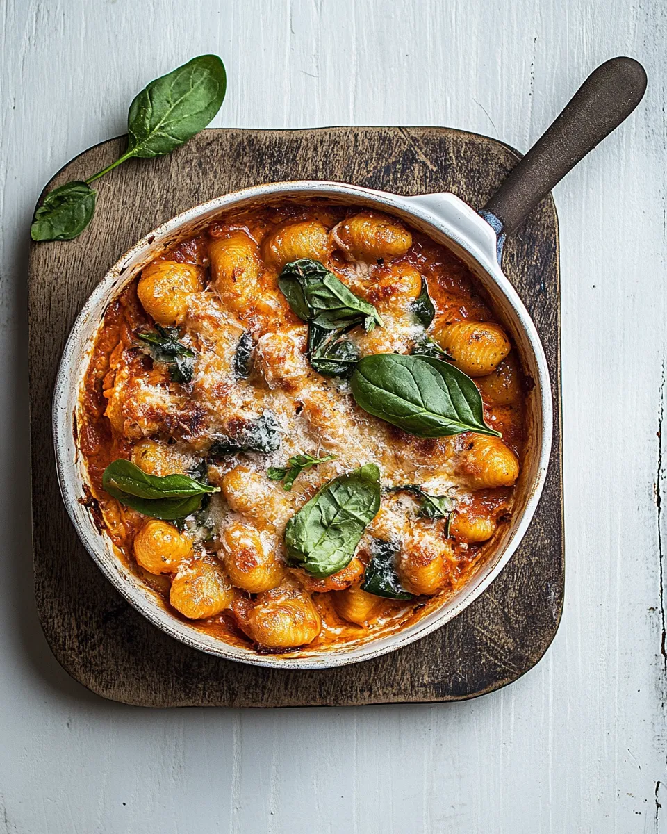 Delicious Baked gnocchi with creamy tomato & spinach food shot