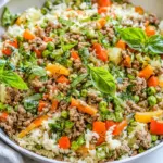 Homemade Basil Coconut Ground Beef Skillet with Vegetables and Rice photo