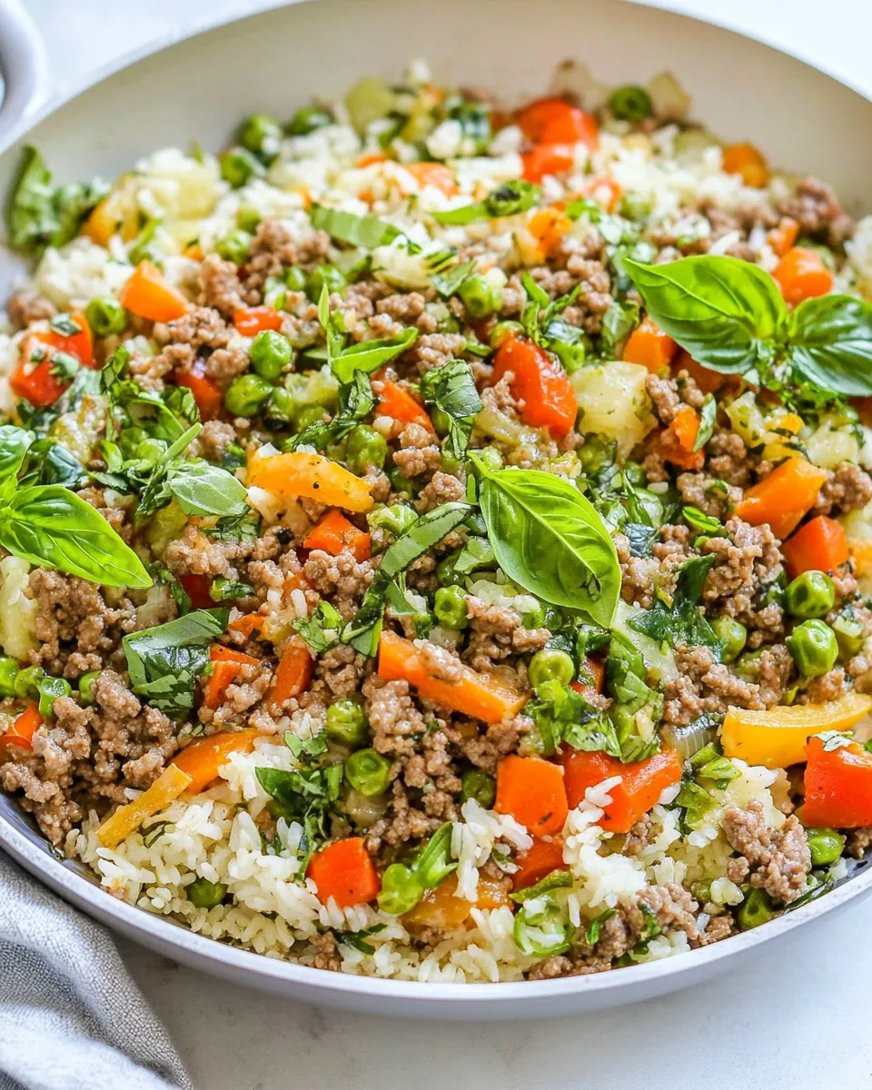 Homemade Basil Coconut Ground Beef Skillet with Vegetables and Rice photo