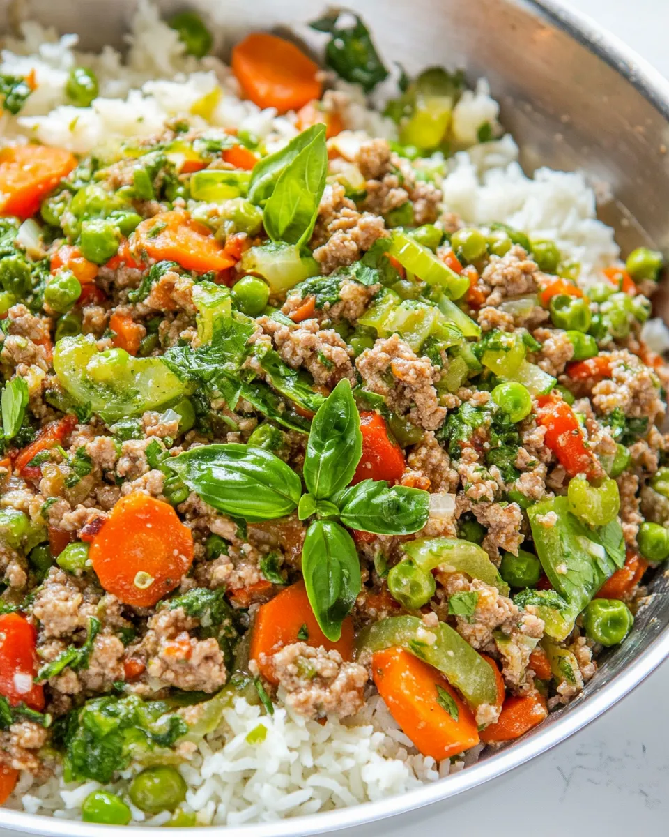 Classic Basil Coconut Ground Beef Skillet with Vegetables and Rice image