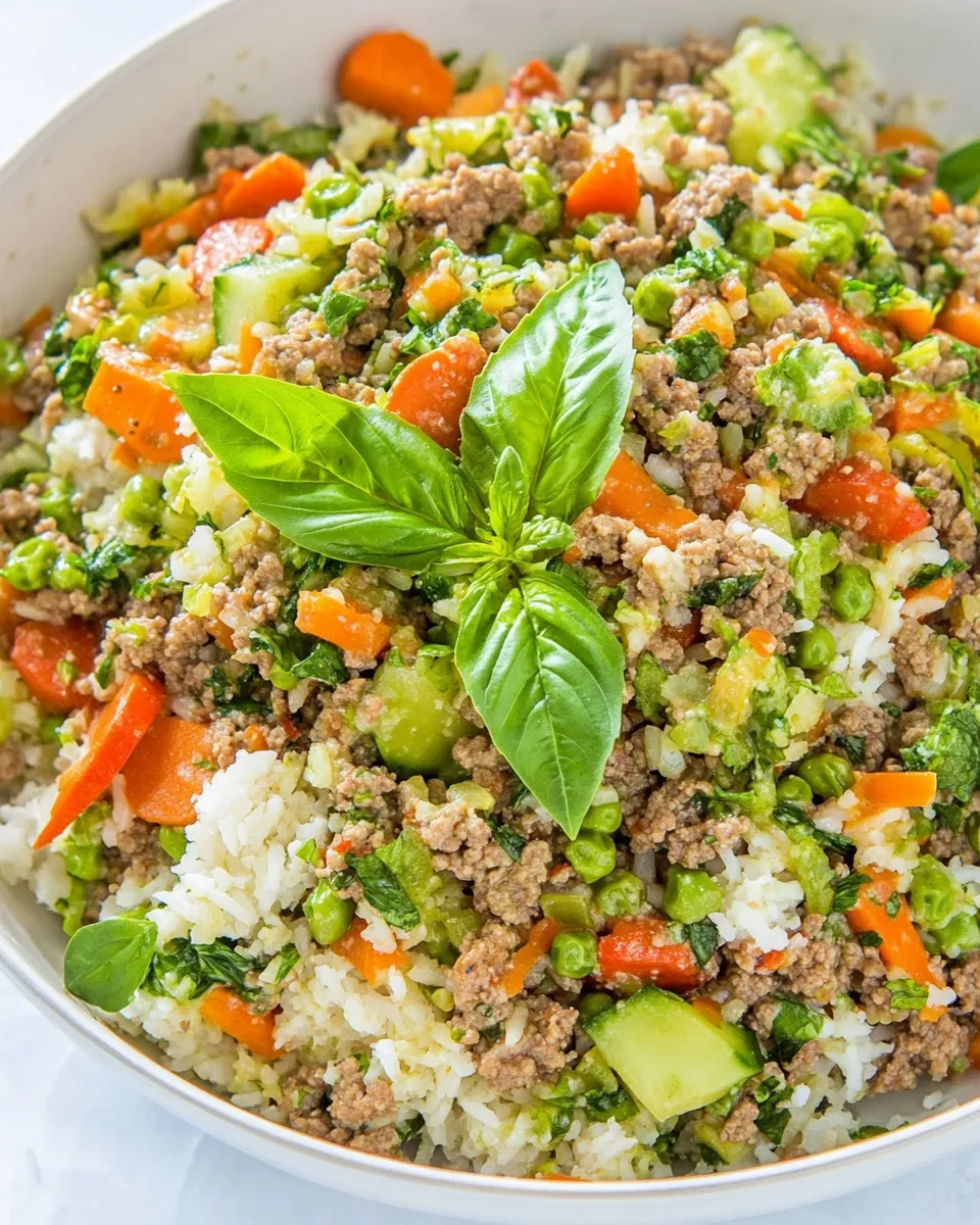 Easy Basil Coconut Ground Beef Skillet with Vegetables and Rice recipe photo