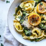 homemade Best Easy Broccoli Cheese Tortellini with Fried Lemon. photo