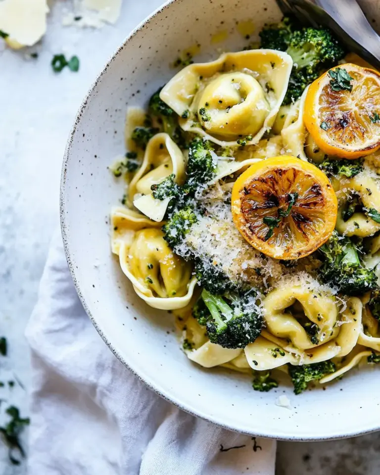 homemade Best Easy Broccoli Cheese Tortellini with Fried Lemon. photo