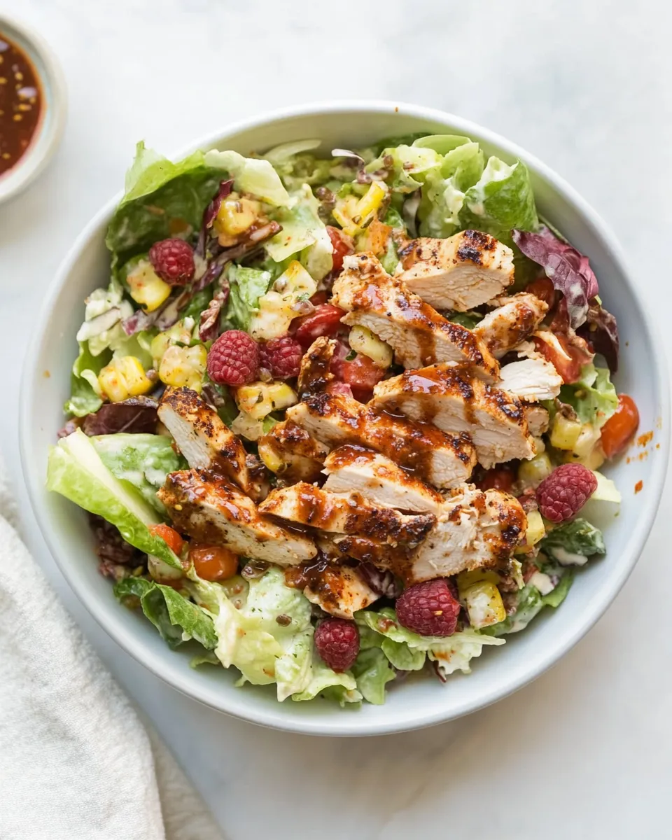 Homemade Blackened Chicken Chopped Salad with Raspberry Chipotle Vinaigrette. recipe photo