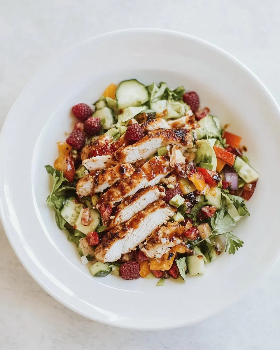 Easy Blackened Chicken Chopped Salad with Raspberry Chipotle Vinaigrette. food shot