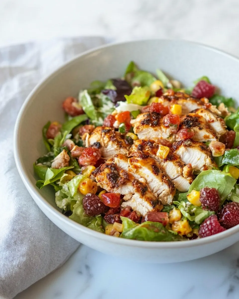 Delicious Blackened Chicken Chopped Salad with Raspberry Chipotle Vinaigrette. plate image