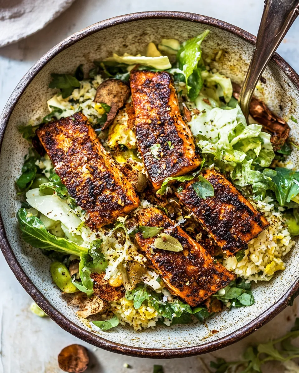 Classic Blackened Salmon Caesar Salad. food shot