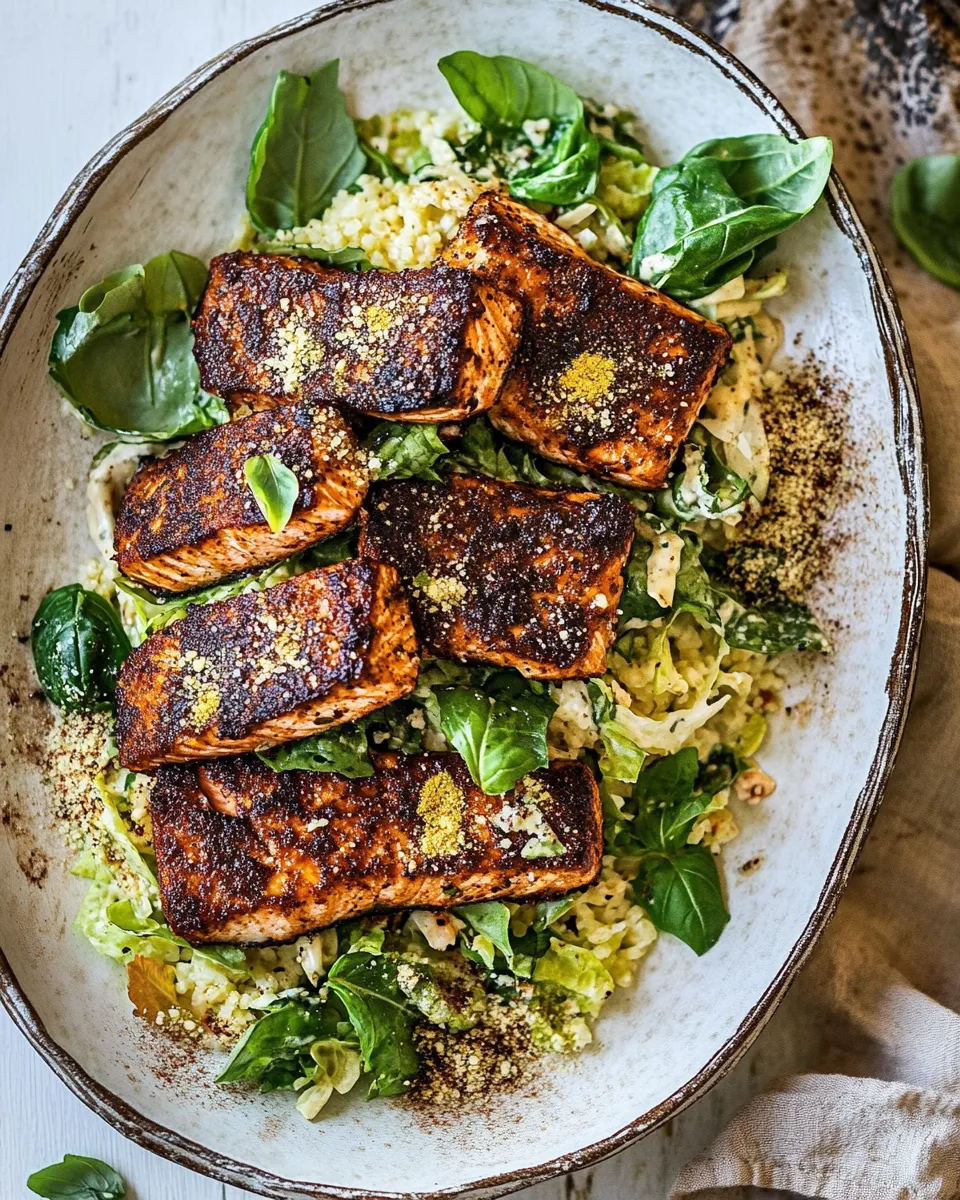 Delicious Blackened Salmon Caesar Salad. plate image