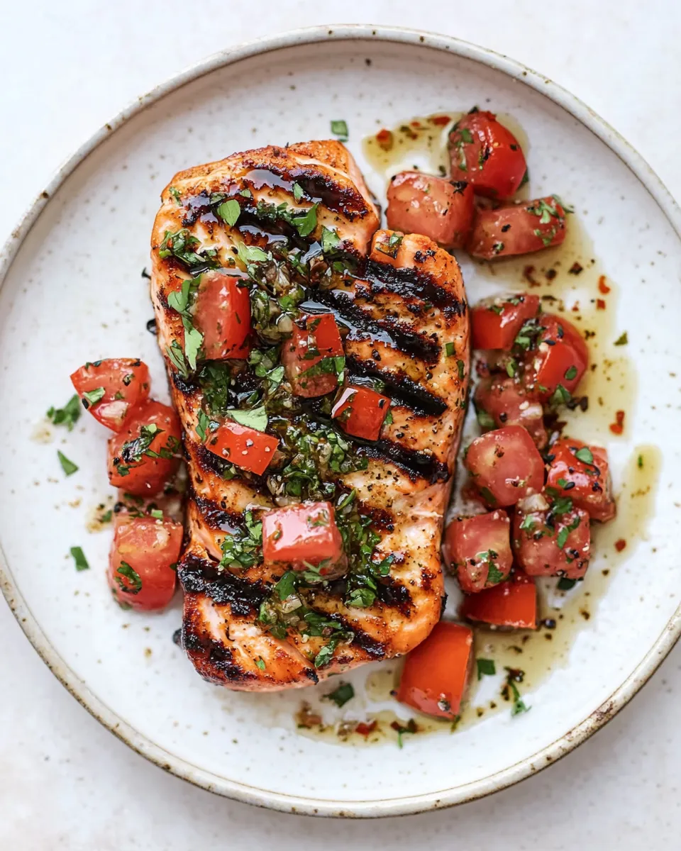 Classic Bruschetta Balsamic Salmon. food shot