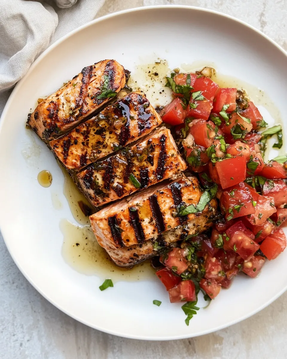 Delicious Bruschetta Balsamic Salmon. plate image