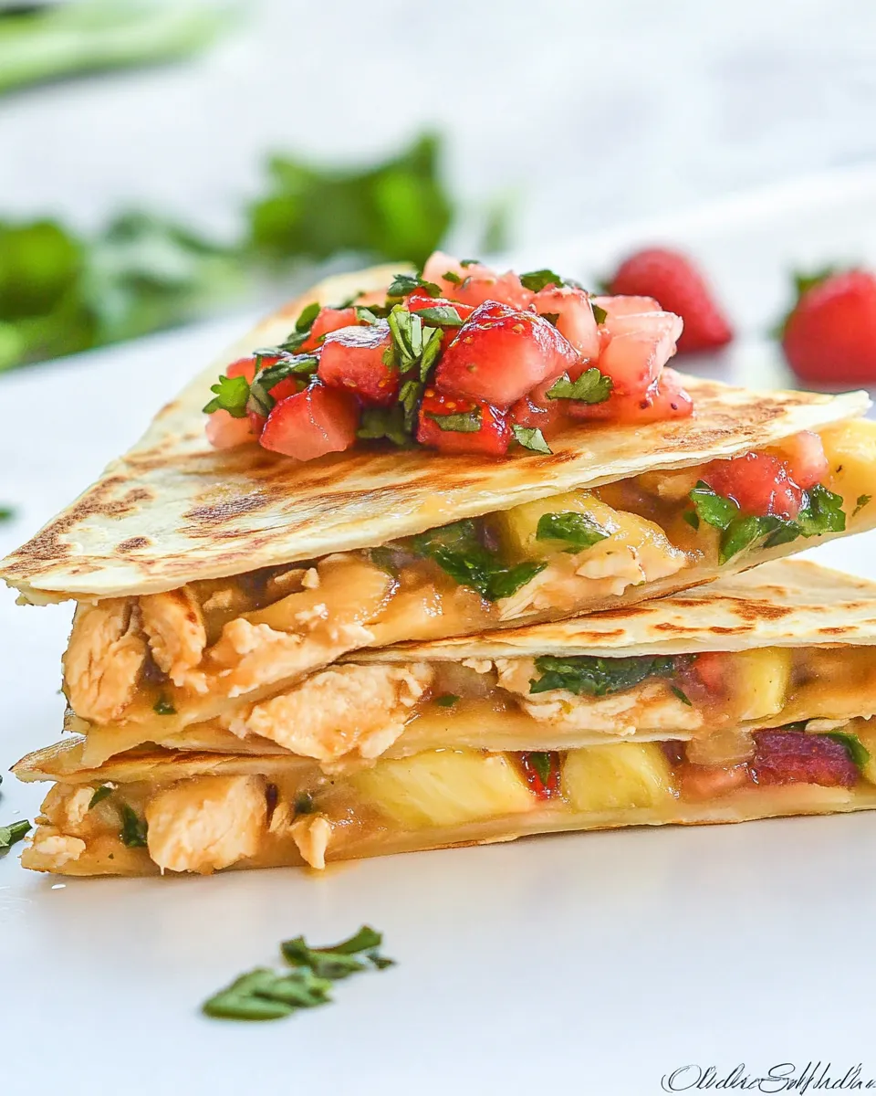 Easy Caramelized Pineapple Chicken Quesadillas with Strawberry Salsa recipe image