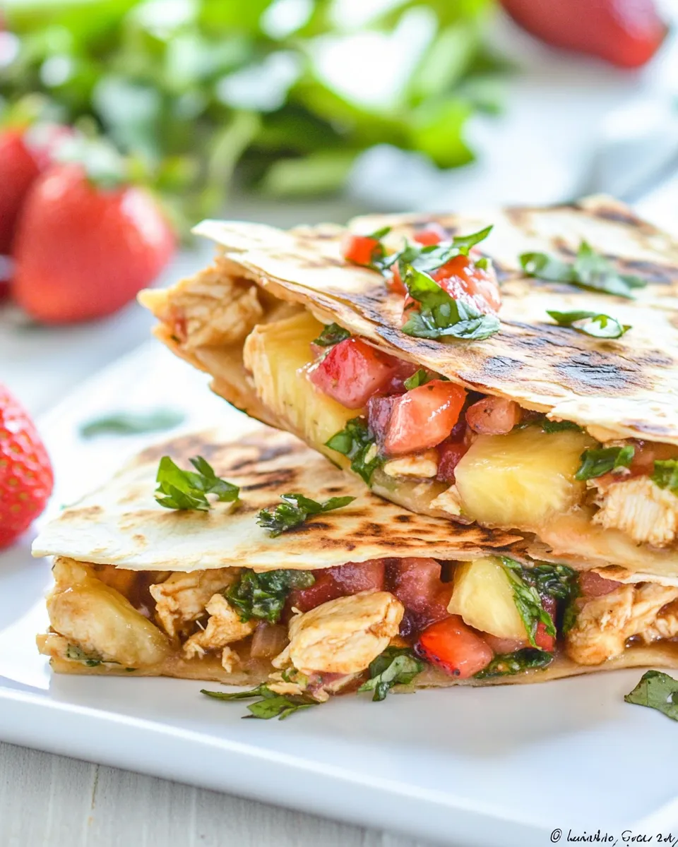 Healthy Caramelized Pineapple Chicken Quesadillas with Strawberry Salsa food shot