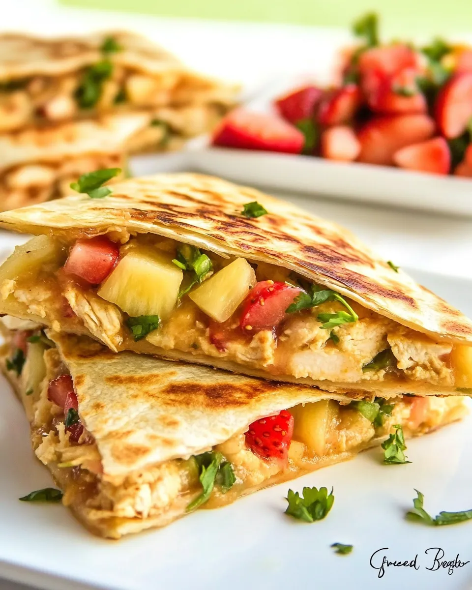 Savory Caramelized Pineapple Chicken Quesadillas with Strawberry Salsa photo