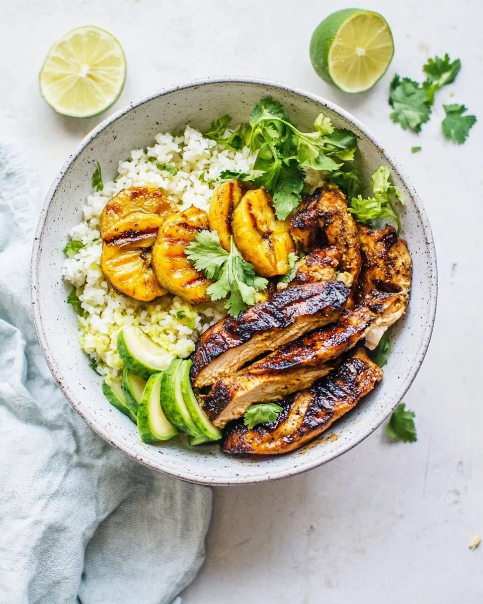 Easy Caribbean Chicken Bowls With Grilled Plantains food shot