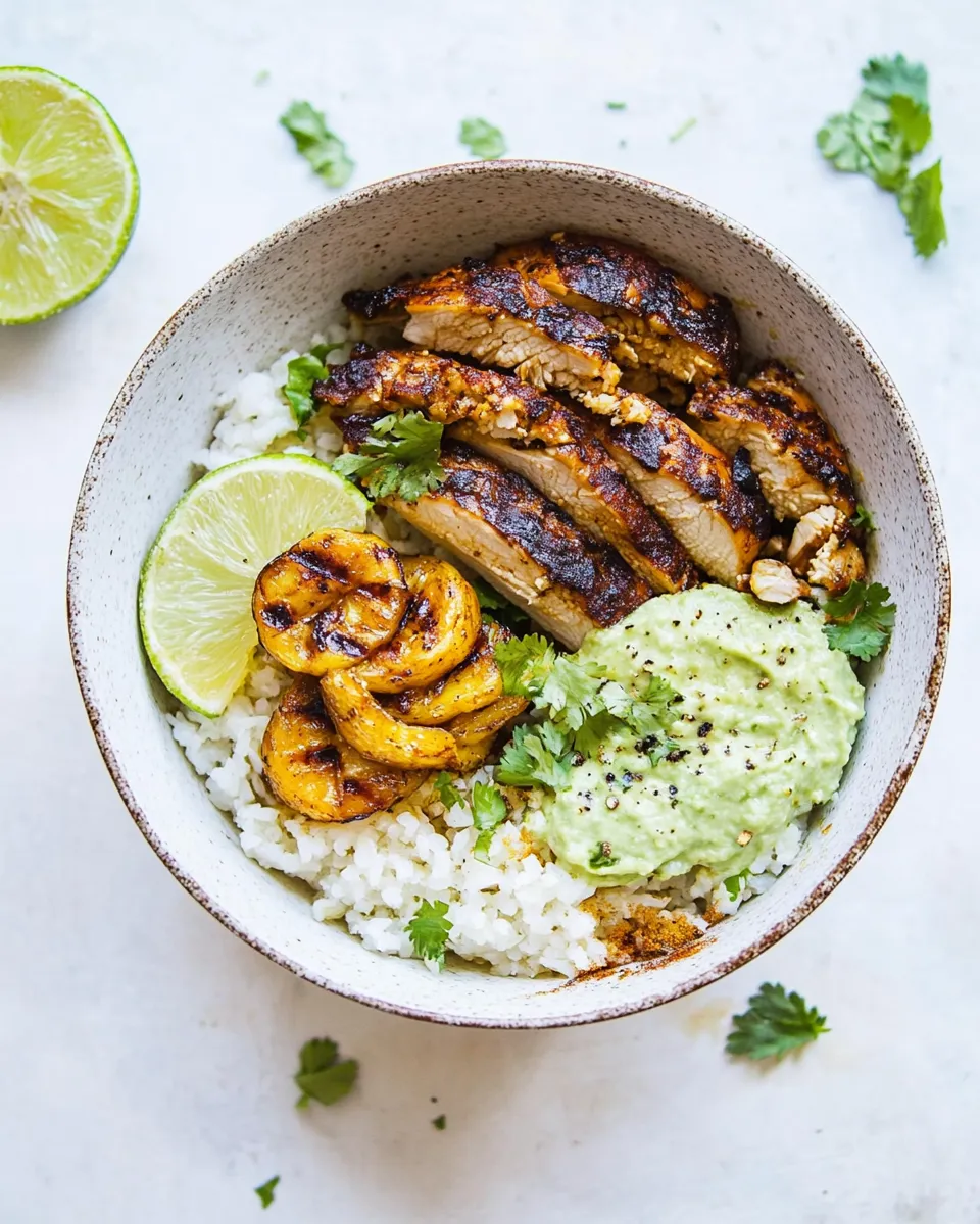 Delicious Caribbean Chicken Bowls With Grilled Plantains plate image