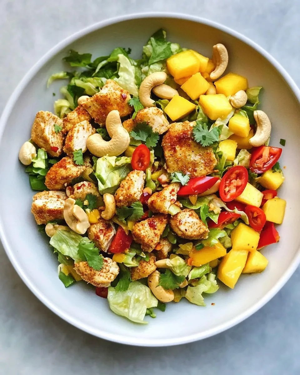 Healthy Cashew Chicken Chopped Salad with Chili Dusted Mango. food shot