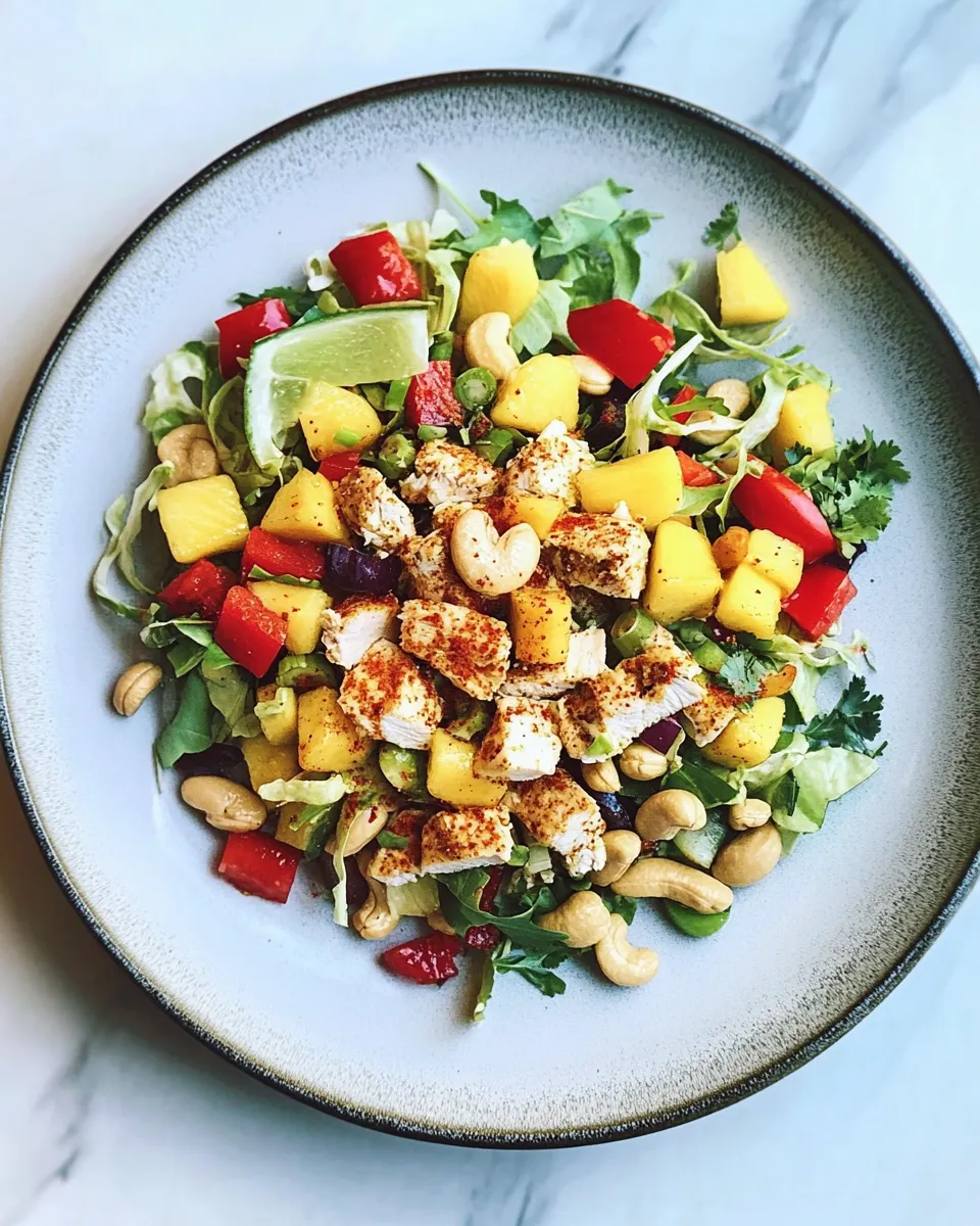 Fresh Cashew Chicken Chopped Salad with Chili Dusted Mango. plate image