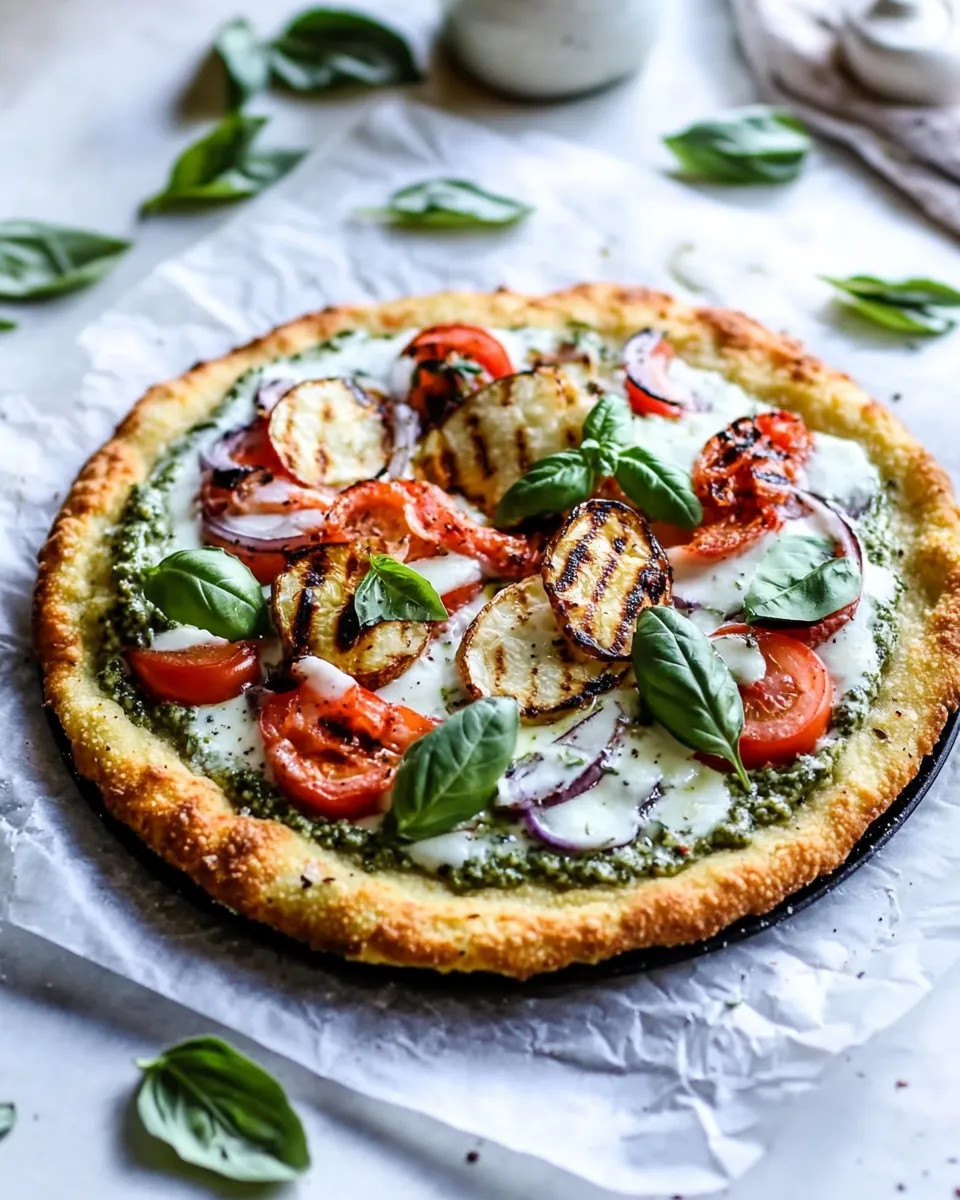 Homemade Cauliflower Pizza With Greek Yogurt Pesto And Grilled Veggies photo