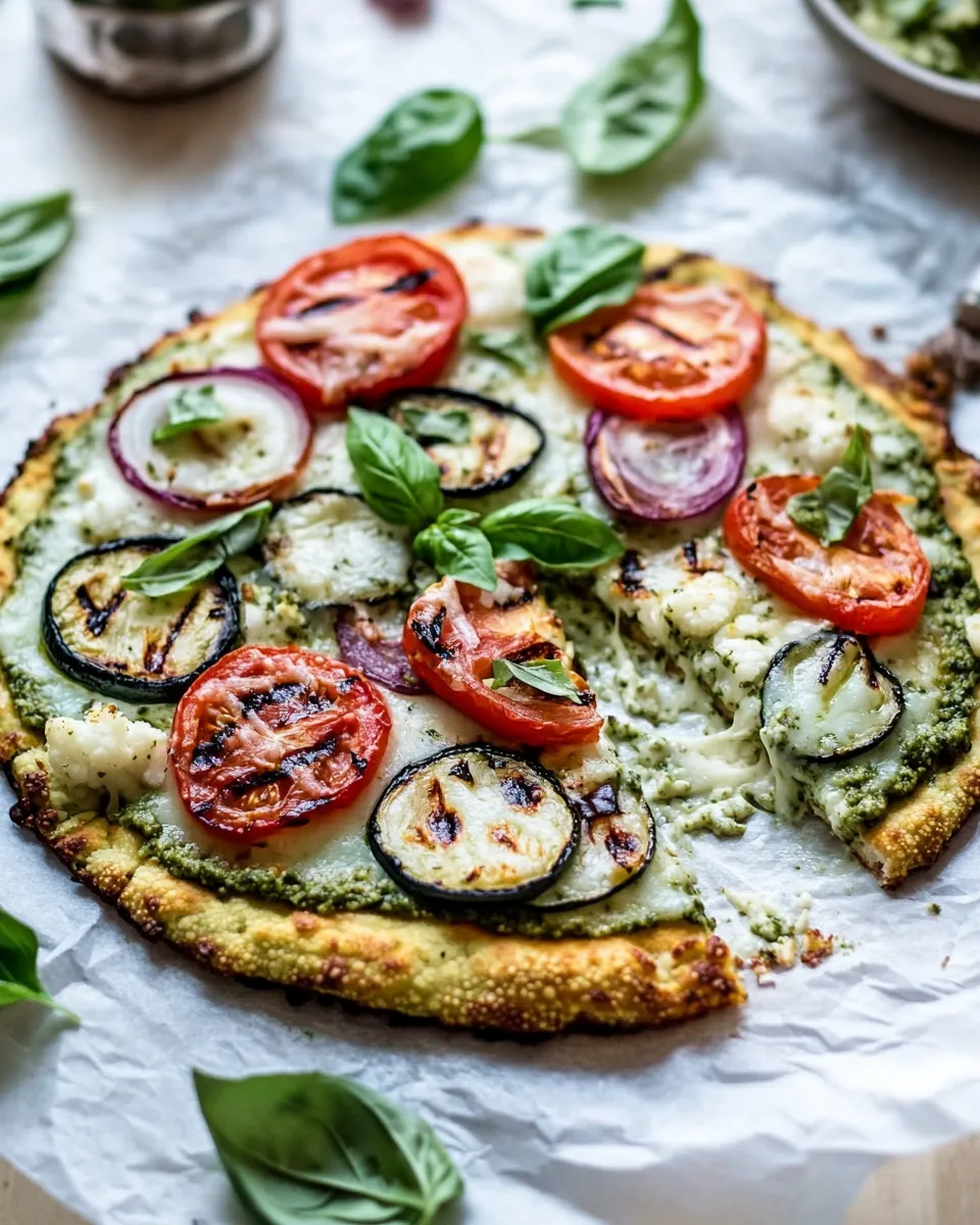 Classic Cauliflower Pizza With Greek Yogurt Pesto And Grilled Veggies image