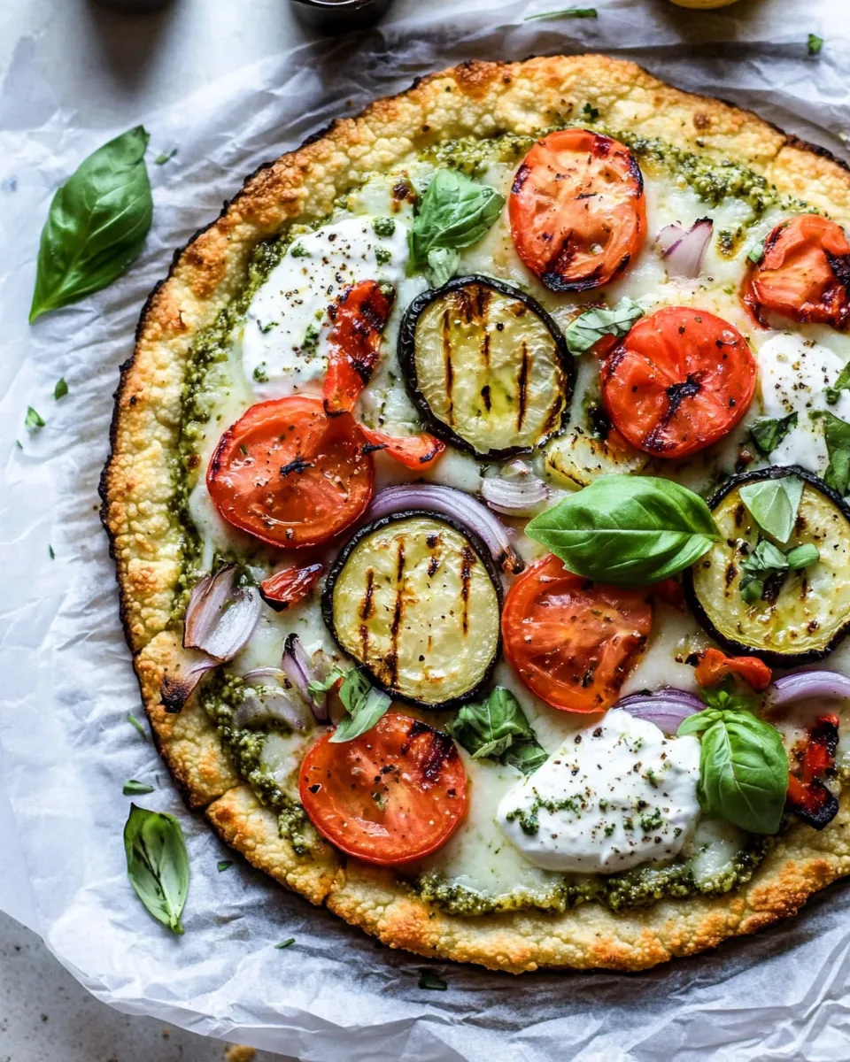 Easy Cauliflower Pizza With Greek Yogurt Pesto And Grilled Veggies recipe photo