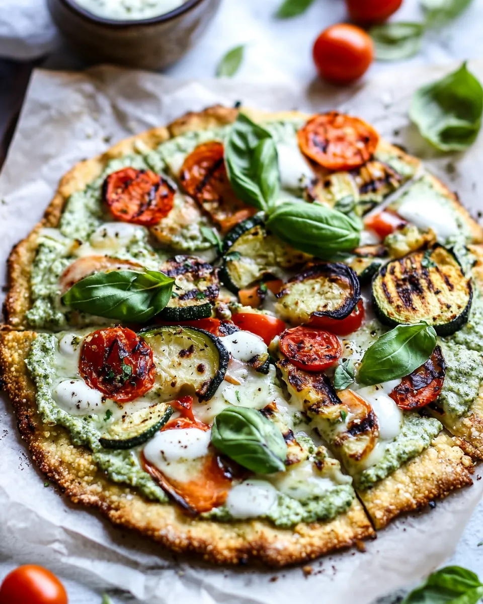 Delicious Cauliflower Pizza With Greek Yogurt Pesto And Grilled Veggies dish photo