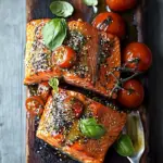 Homemade Cedar Plank Grilled Sesame Salmon with Kimchi Miso Butter and Grilled Tomatoes. recipe photo