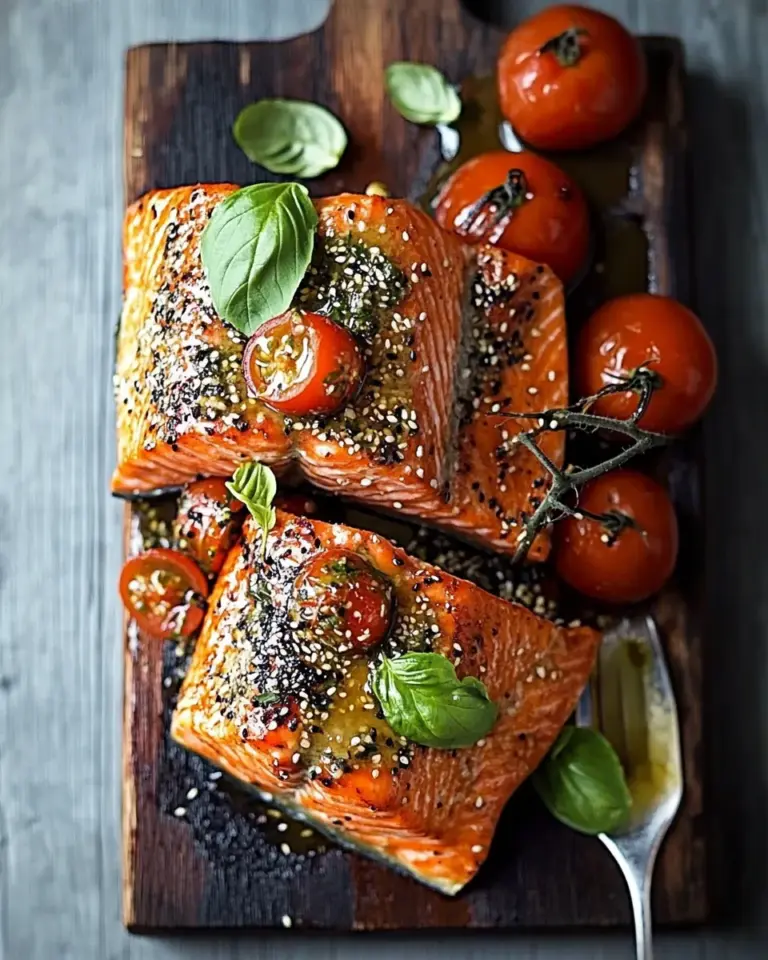 Homemade Cedar Plank Grilled Sesame Salmon with Kimchi Miso Butter and Grilled Tomatoes. recipe photo